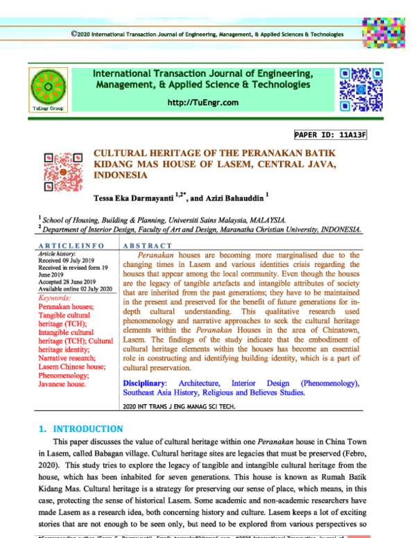 Pdf Cultural Heritage Of The Peranakan Batik Kidang Mas House Of