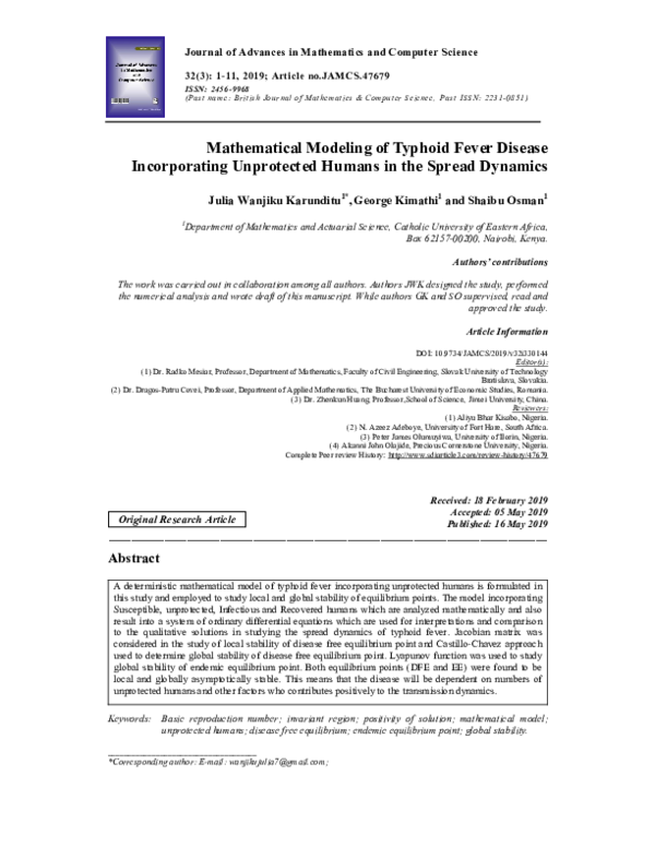 (PDF) Mathematical Modeling of Typhoid Fever Disease Incorporating ...