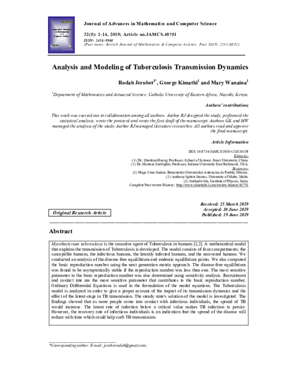 (PDF) Analysis and Modeling of Tuberculosis Transmission Dynamics