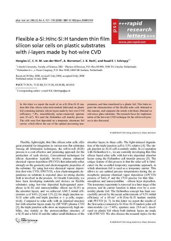(PDF) Flexible a-Si:H/nc-Si:H tandem thin film silicon solar cells on ...