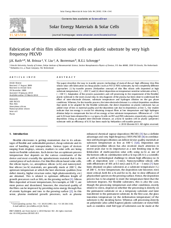 (PDF) Fabrication of thin film silicon solar cells on plastic substrate ...