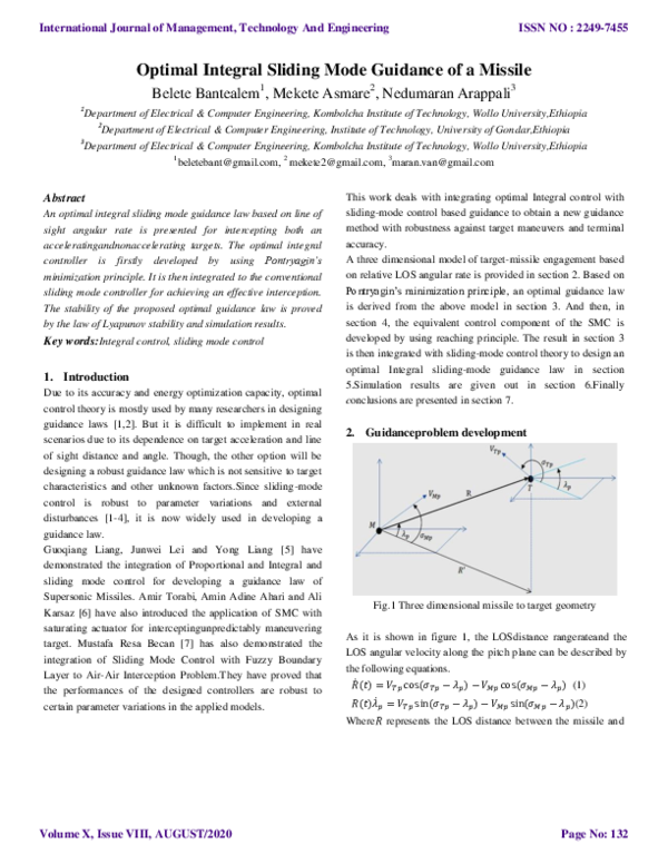 (PDF) Optimal Integral Sliding Mode Guidance of a Missile Belete