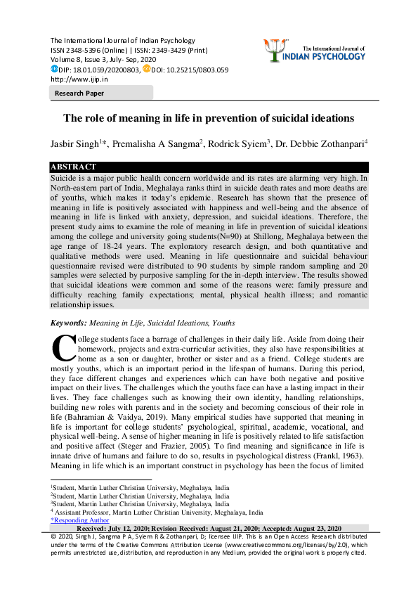 (PDF) The role of meaning in life in prevention of suicidal ideations