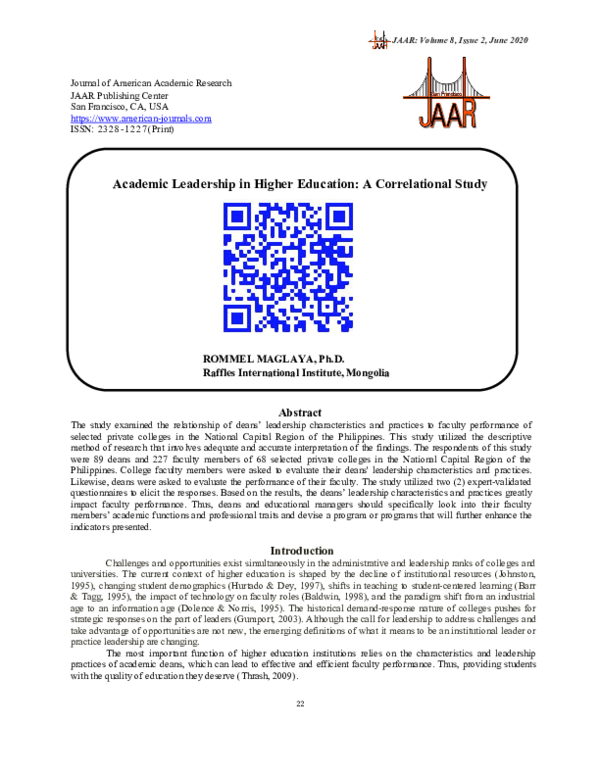 (PDF) Academic Leadership in Higher Education: A Correlational Study