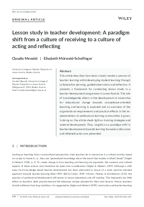 (PDF) Lesson study in teacher development: A paradigm shift from a ...