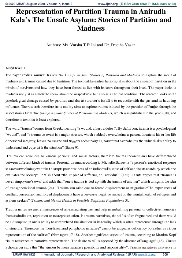 (PDF) Representation of Partition Trauma in Anirudh Kala's The Unsafe ...