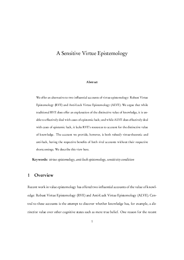 (PDF) A Sensitive Virtue Epistemology James Henry Collin Academia.edu