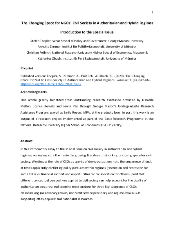 (PDF) The Changing Space for NGOs: Civil Society in Authoritarian and ...