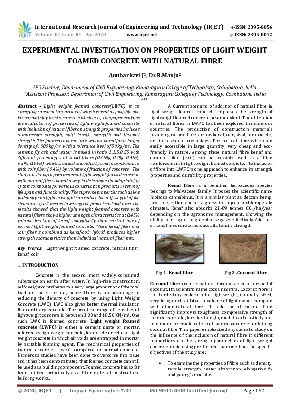 (PDF) IRJET- EXPERIMENTAL INVESTIGATION ON PROPERTIES OF LIGHT WEIGHT ...