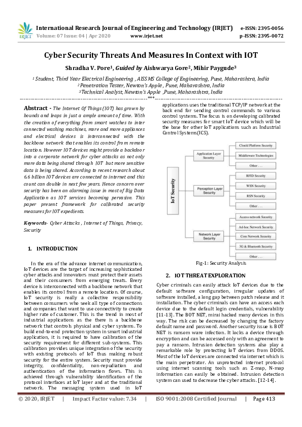(PDF) Cyber Security in IoT: Threats and Solutions