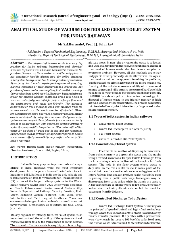 (PDF) IRJET ANALYTICAL STUDY OF VACUUM CONTROLLED GREEN TOILET SYSTEM
