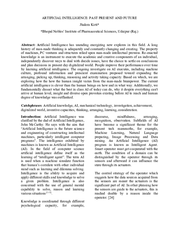 (DOC) ARTIFICIAL INTELLIGENCE: PAST PRESENT AND FUTURE