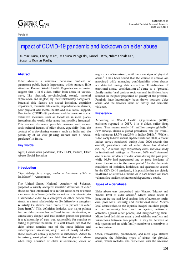 (PDF) Impact of COVID-19 pandemic and lockdown on elder abuse