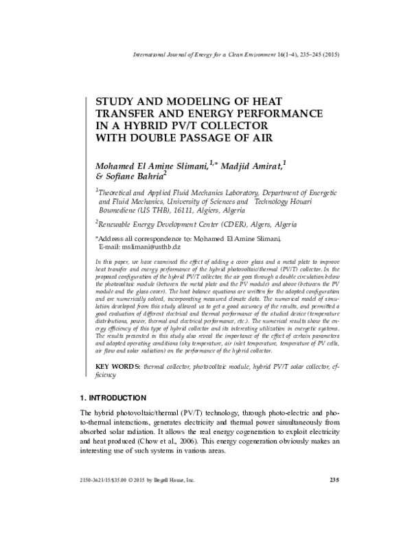 (PDF) STUDY AND MODELING OF HEAT TRANSFER AND ENERGY PERFORMANCE IN A ...
