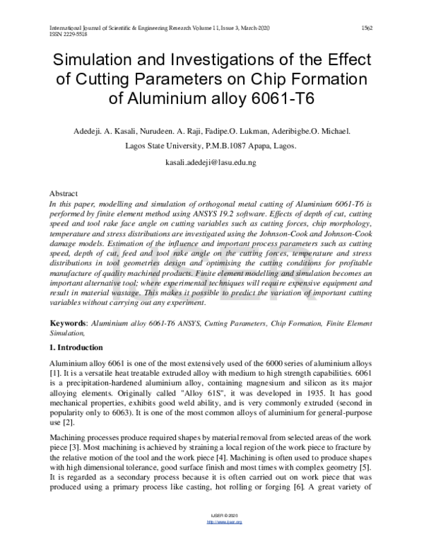 (PDF) Simulation and Investigations of the Effect of Cutting Parameters ...