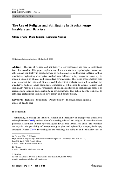 (PDF) The Use of Religion and Spirituality in Psychotherapy: Enablers ...
