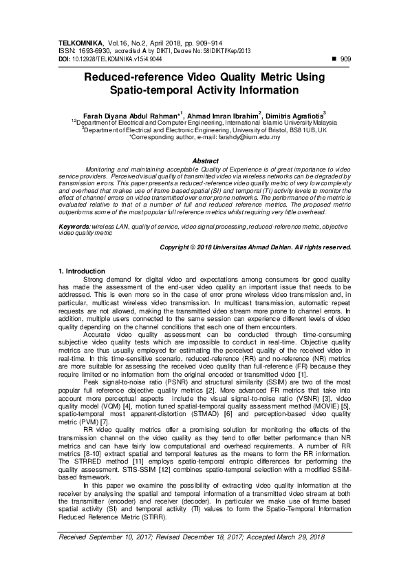(PDF) Reduced-reference Video Quality Metric Using Spatio-temporal ...