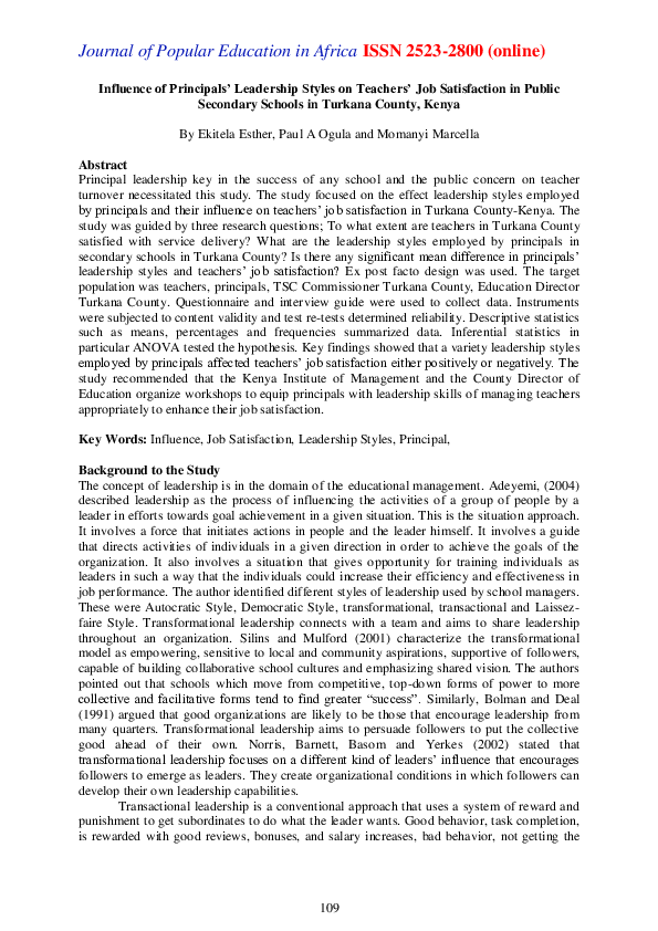 (PDF) Influence of Principals' Leadership Styles on Teachers' Job ...