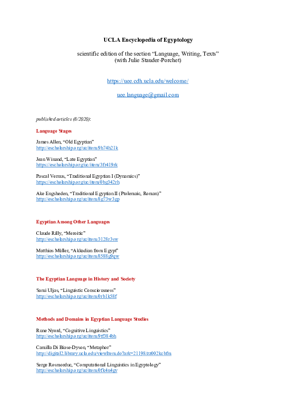 (PDF) UCLA Encyclopedia of Egyptology, section "Language, Writing, Text