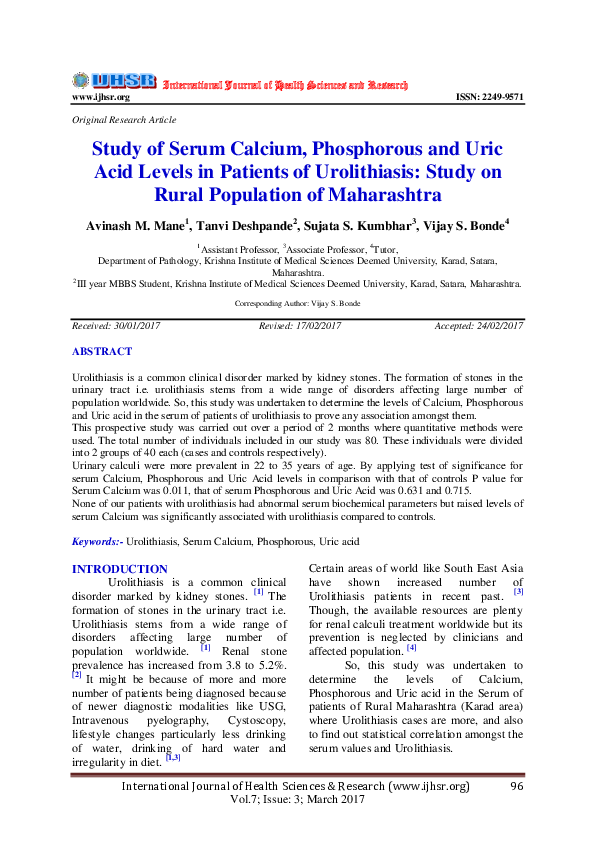 (PDF) Study of Serum Calcium, Phosphorous and Uric Acid Levels in ...