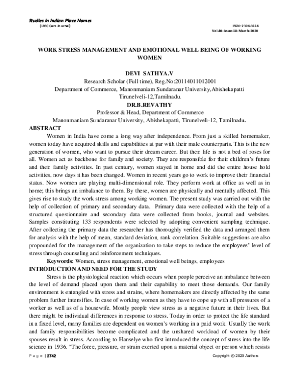 (PDF) WORK STRESS MANAGEMENT AND EMOTIONAL WELL BEING OF WORKING WOMEN