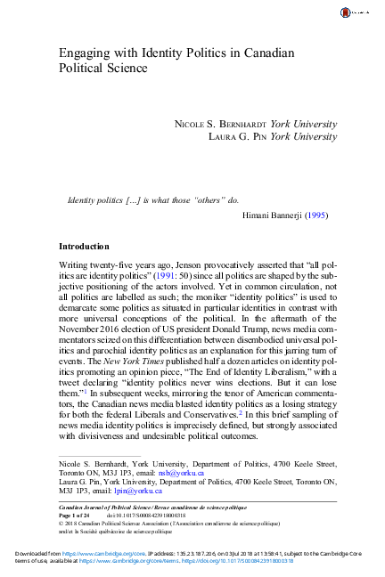 (PDF) Engaging with Identity Politics in Canadian Political Science