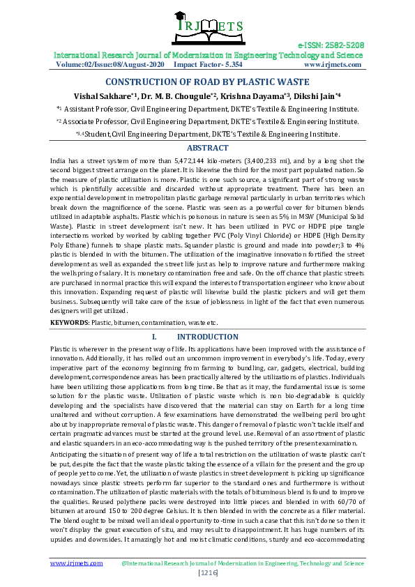 (PDF) CONSTRUCTION OF ROAD BY PLASTIC WASTE International Research Journal of Modernization in