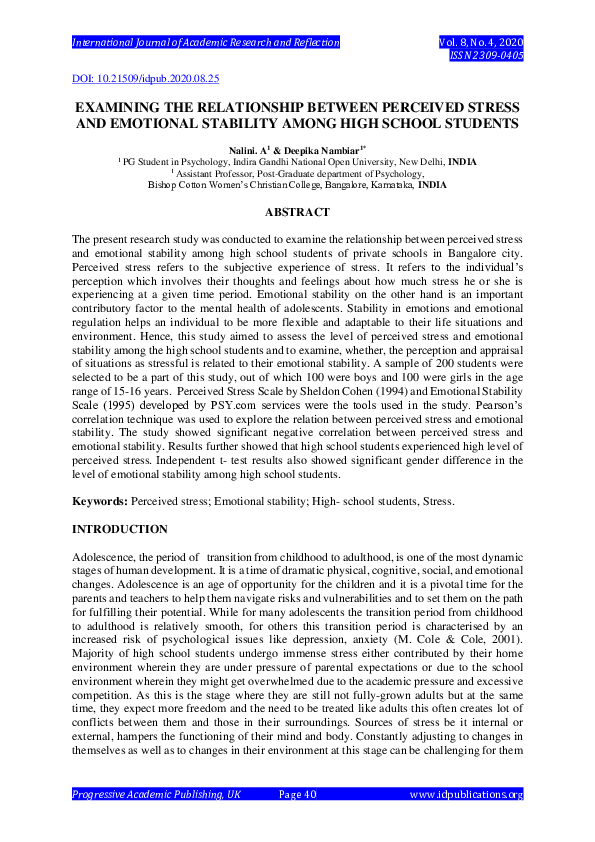 Pdf Examining The Relationship Between Perceived Stress And Emotional Stability Among High School Students Deepika Nambiar And Nalini G Sankar Academia Edu