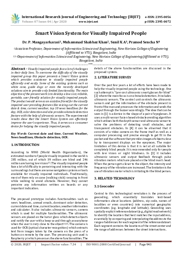 (PDF) IRJET- Smart Vision System for Visually Impaired People