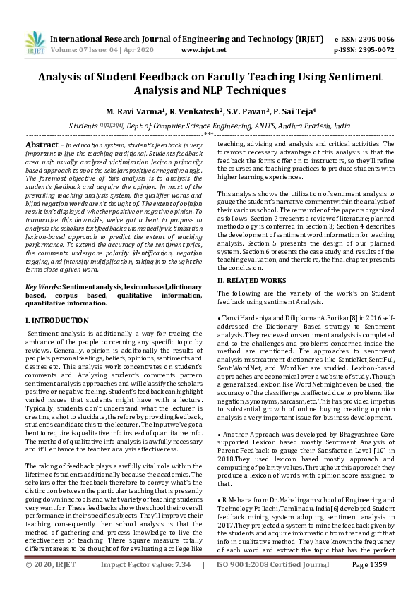 (PDF) IRJET- Analysis of Student Feedback on Faculty Teaching Using ...