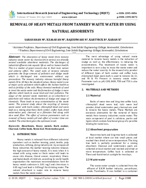 (PDF) IRJET- REMOVAL OF HEAVY METALS FROM TANNERY WASTE WATER BY USING ...