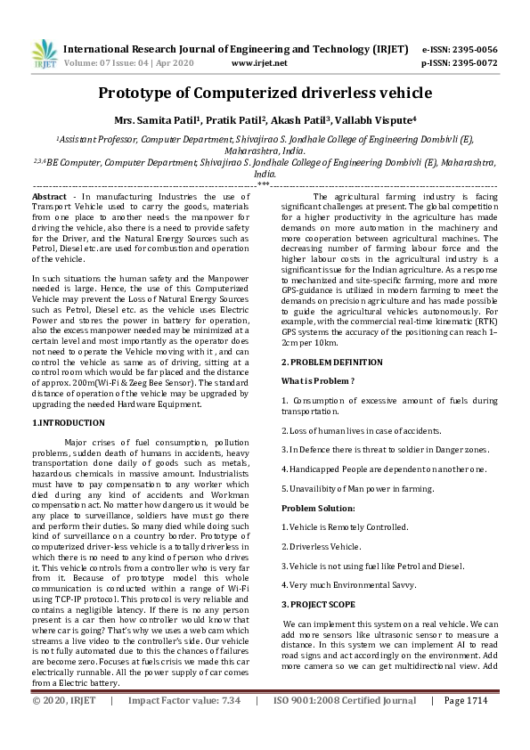 (PDF) IRJET- Prototype of Computerized driverless vehicle