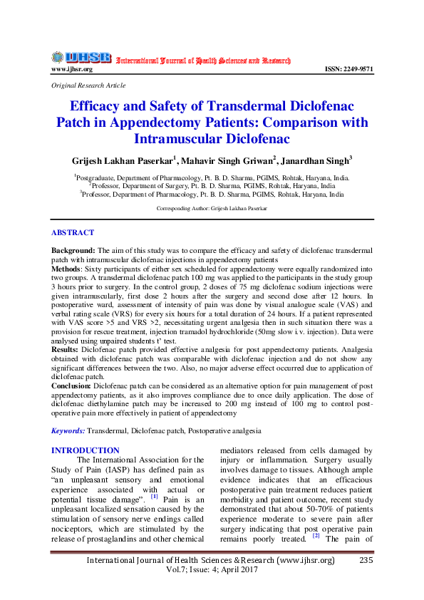 (PDF) Efficacy and Safety of Transdermal Diclofenac Patch in ...