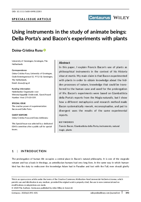 (PDF) Using instruments in the study of animate beings: Della Porta's ...