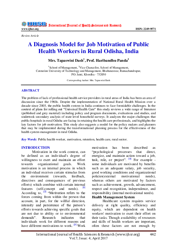 (PDF) A Diagnosis Model for Job Motivation of Public Health Workers in ...