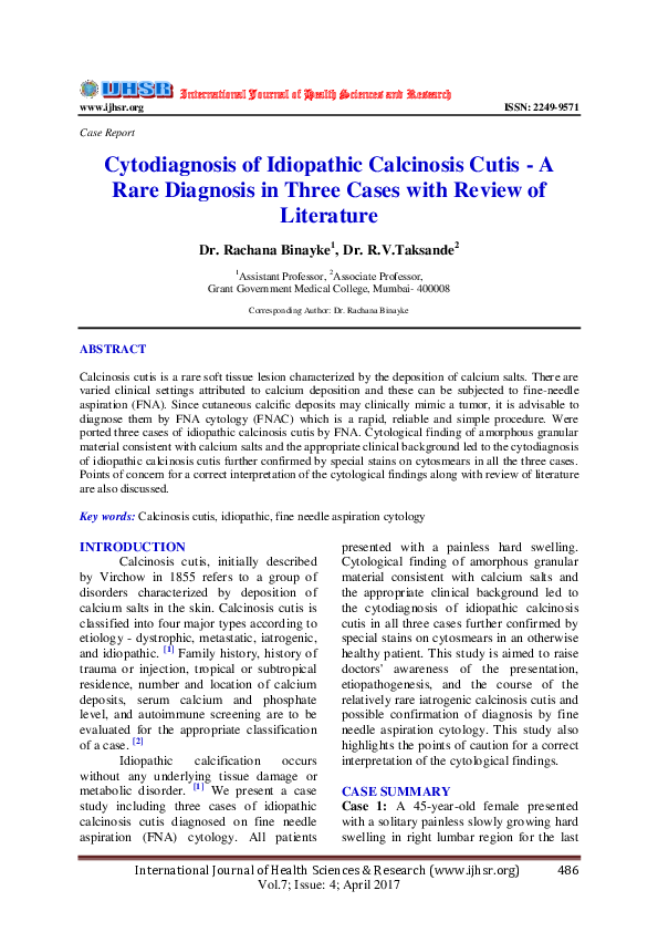 (PDF) Cytodiagnosis of Idiopathic Calcinosis Cutis -A Rare Diagnosis in ...