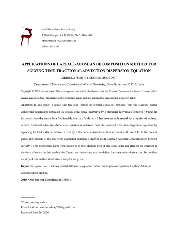 (PDF) APPLICATIONS OF LAPLACE-ADOMIAN DECOMPOSITION METHOD FOR SOLVING ...