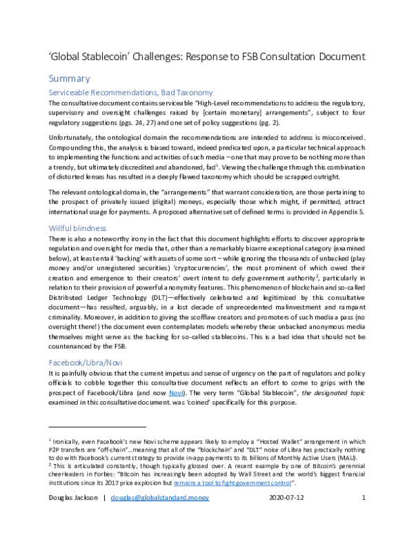 (PDF) FSB Stablecoins consultation document - Global Standard response