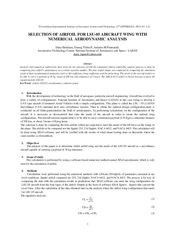 (PDF) SELECTION OF AIRFOIL FOR LSU-05 AIRCRAFT WING WITH NUMERICAL ...