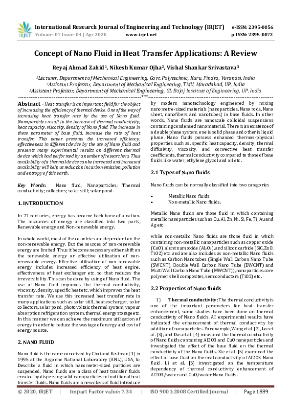 (PDF) IRJET- Concept of Nano Fluid in Heat Transfer Applications: A Review