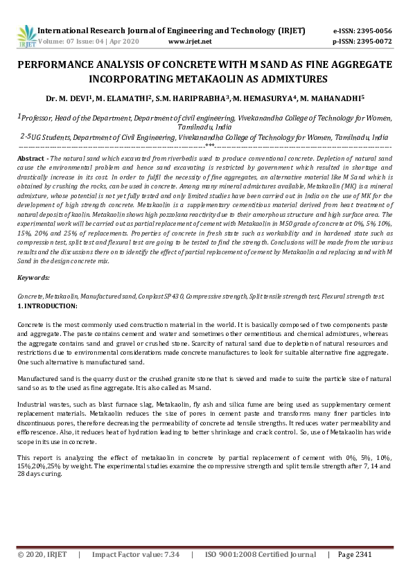 (PDF) IRJET- PERFORMANCE ANALYSIS OF CONCRETE WITH M SAND AS FINE ...