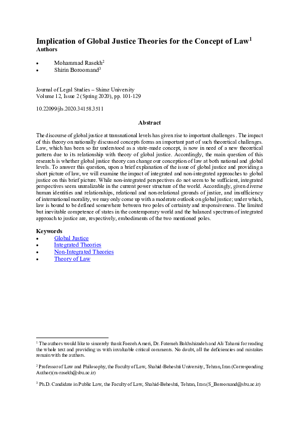 (PDF) Implication of Global Justice Theories for the Concept of Law Prof. Mohammad Rasekh