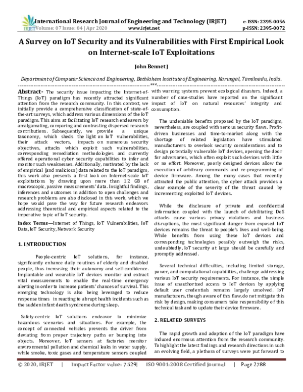 (PDF) IRJET- A Survey on IoT Security and its Vulnerabilities with ...