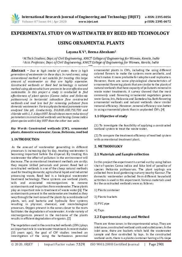 (PDF) IRJET EXPERIMENTAL STUDY ON WASTEWATER BY REED BED TECHNOLOGY