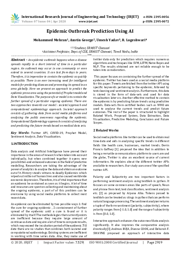 (PDF) IRJET- Epidemic Outbreak Prediction Using AI
