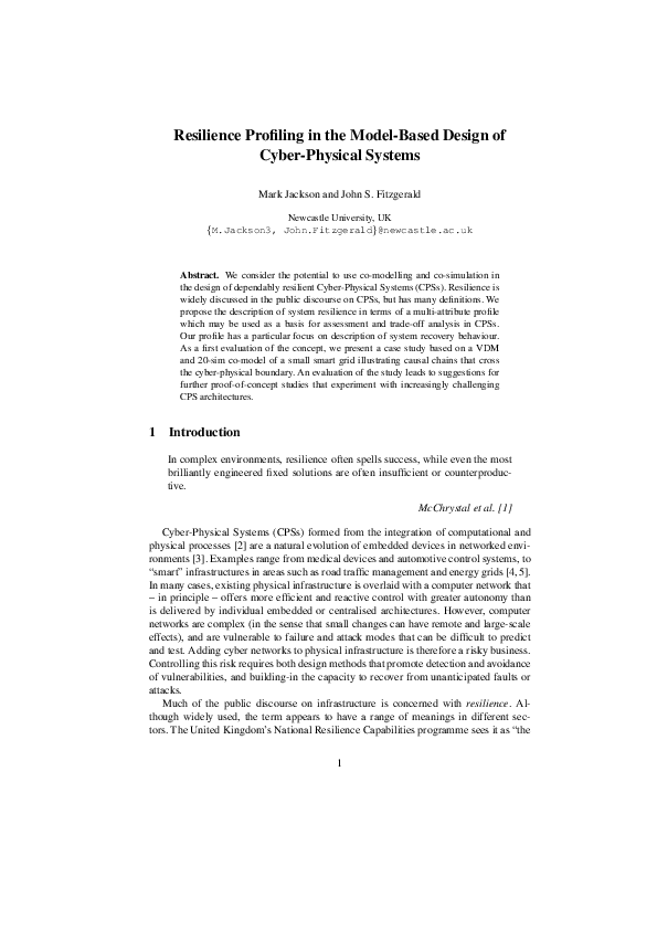 (PDF) Resilience Profiling in the Model-Based Design of Cyber-Physical ...