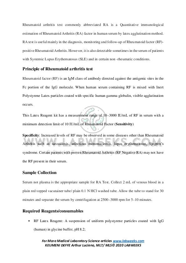 (PDF) Rheumatoid arthritis test Principle and Procedure KEUMENI
