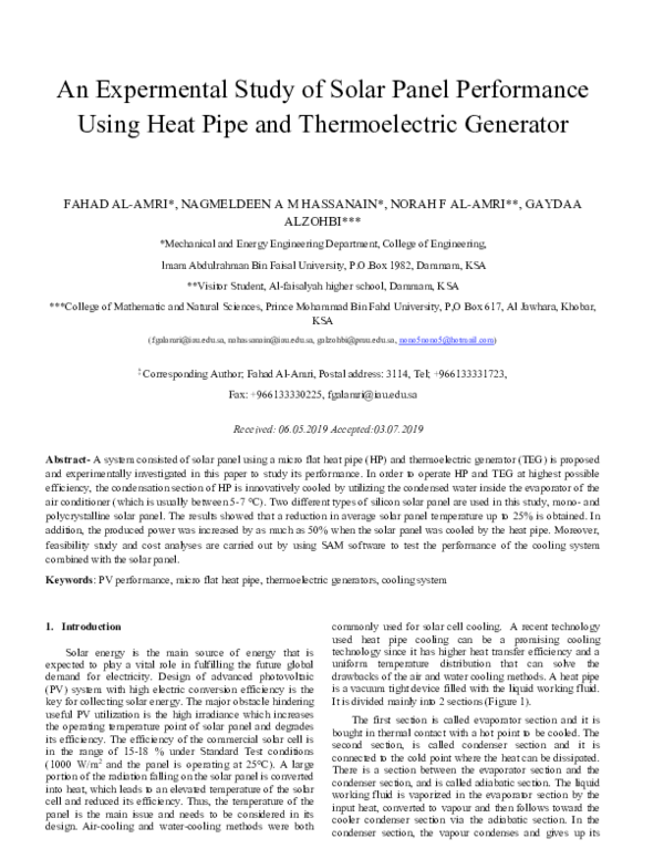 (PDF) An Experimental Study of Solar Panel Performance Using Heat Pipe ...