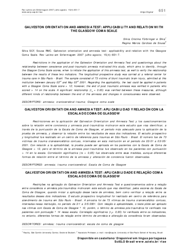 (PDF) Galveston Orientation and Amnesia Test: applicability and ...