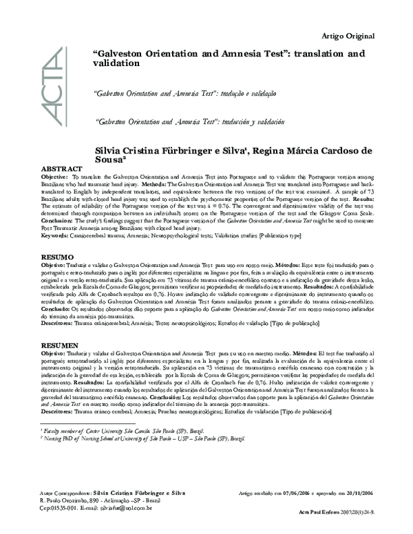 (PDF) Galveston Orientation and Amnesia Test" tradução e validação